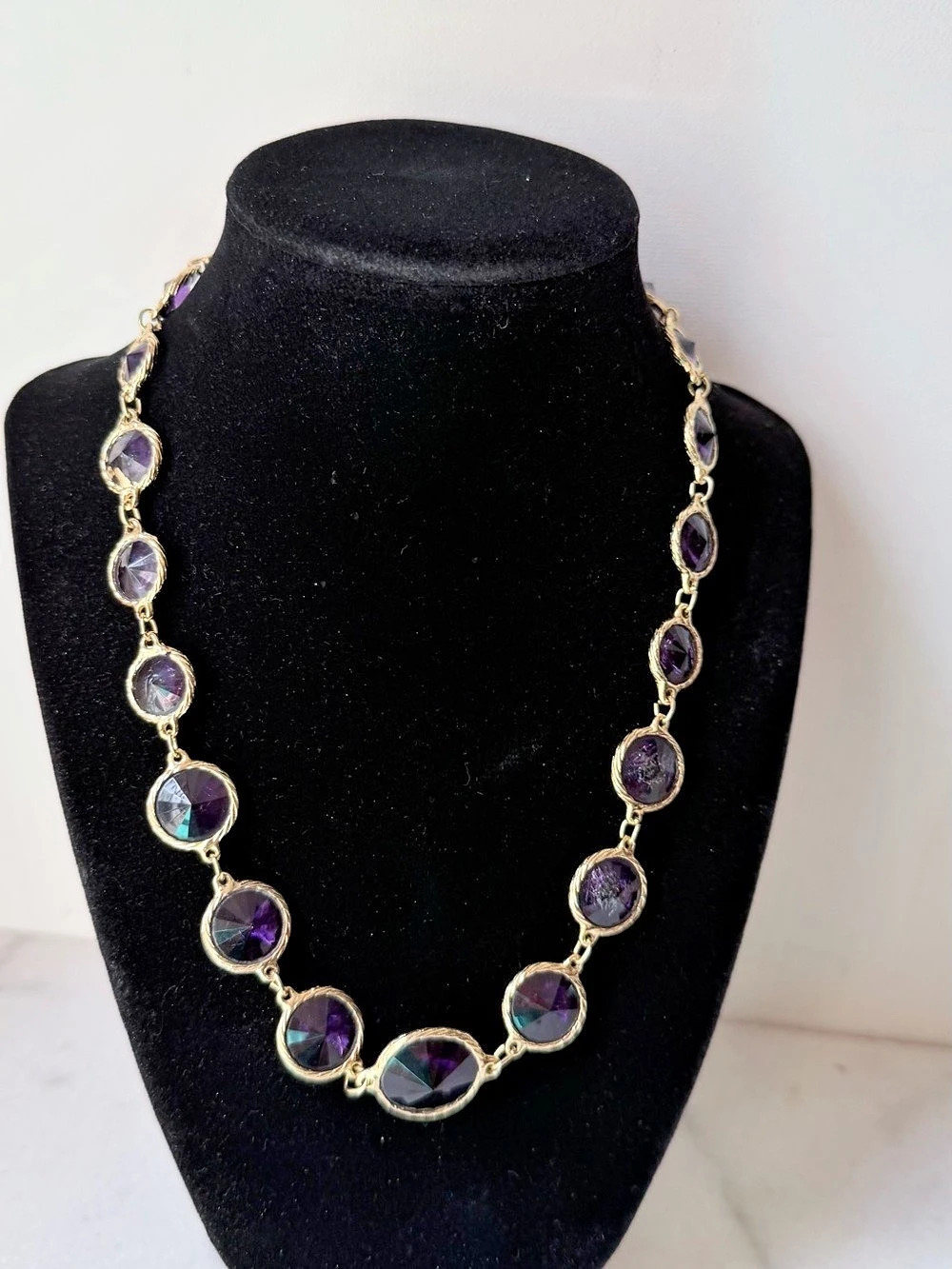 Vintage 1970s/1980s Deep Purple Faceted Glass Station Link Necklace – Marked Kor
